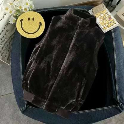 2026 Autumn Winter Men's Thicked Golden Velvet Warm Vest Fashion Solid Sleeveless Zipper Hooded Jacket Fake Fur Couple Waistcoat
