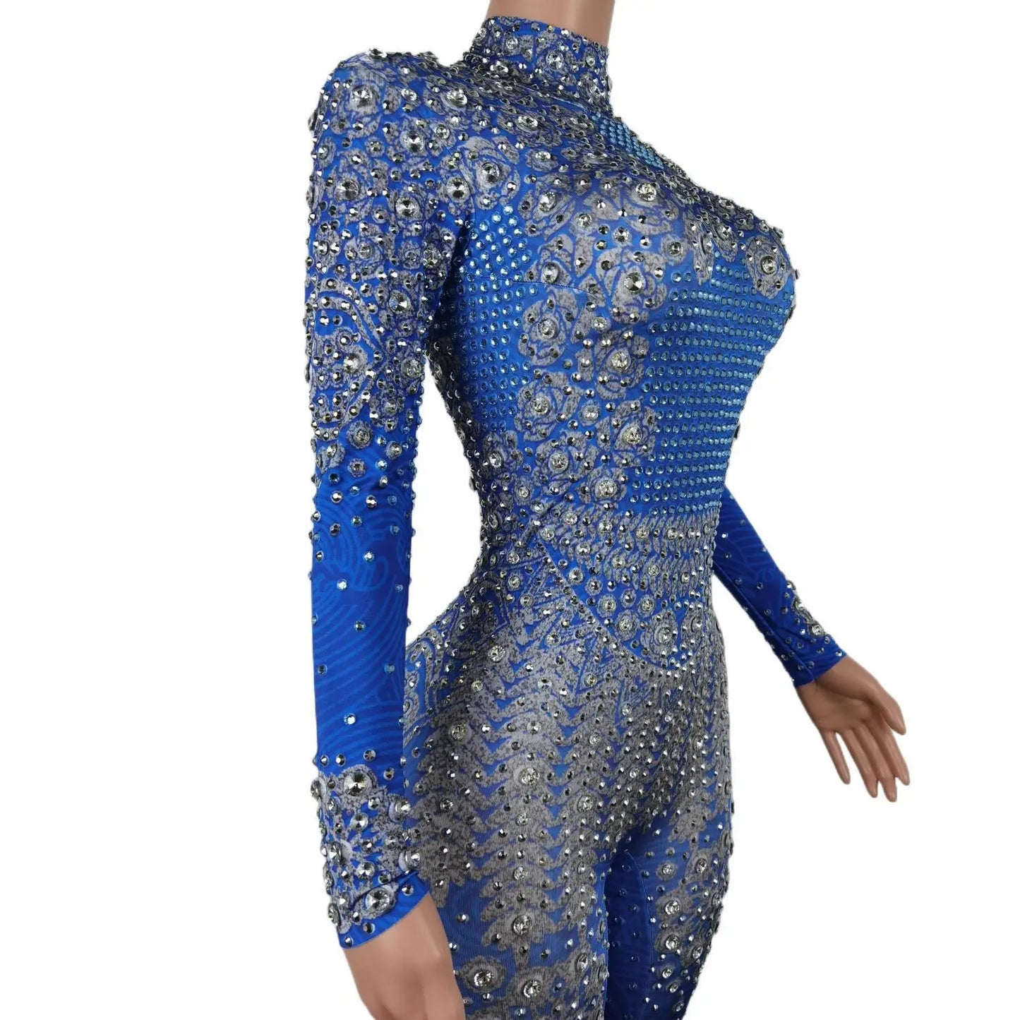 Sparkle Blue Rhinestones Jumpsuit Woman Stretch Leggings Singer Costume Birthday Party Club Stage Outfit Spandex Yatelandisi