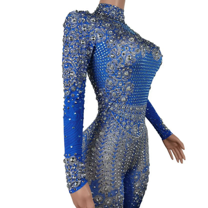 Sparkle Blue Rhinestones Jumpsuit Woman Stretch Leggings Singer Costume Birthday Party Club Stage Outfit Spandex Yatelandisi