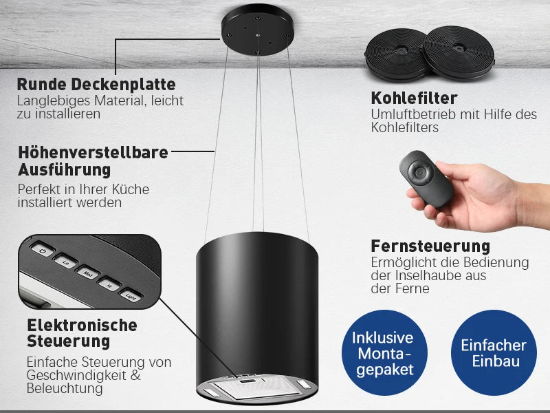 Salos gaubtas 700/800m³/h, A+ energija, 5 sluoksnių filtras, LED, be ortakių, juodas, CE, mygtukas