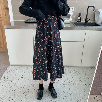 Women Floral Corduroy Midi Skirt High Waist A Line Printed Swing Long Skirt For Spring Autumn