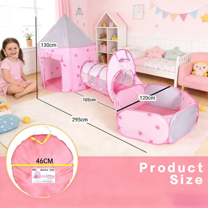 Pink Kids Tent with Tunnel & Ball Pit, Princess Play Tent for Girls, Indoor Outdoor Baby Ball Pit Playhouse with Basketball Hoop