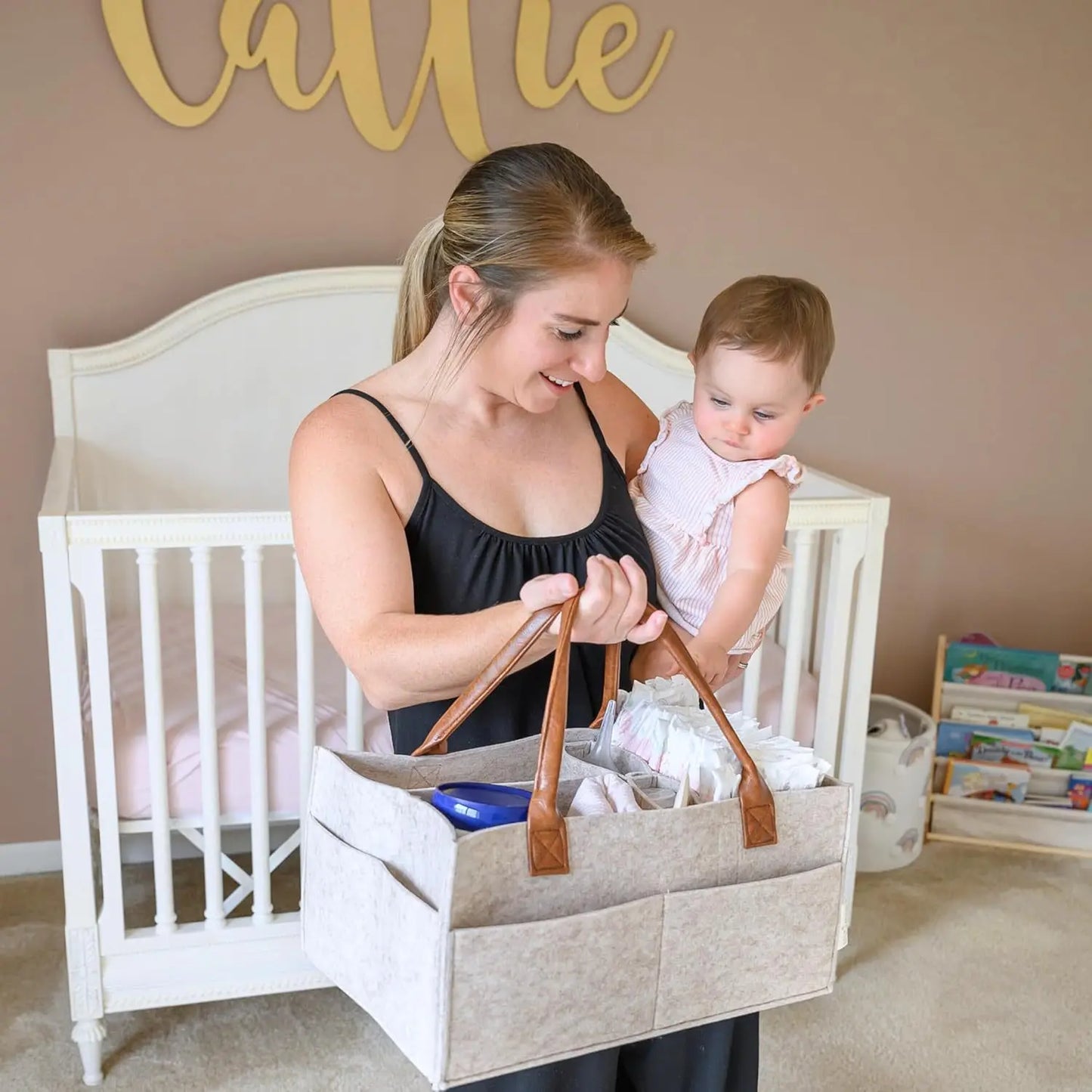 Baby Felt Storage Nursery Organizer Basket Infant Diaper Bag with Handle Caddy Changing Nappy Kids Storage Carrier Large Pocket