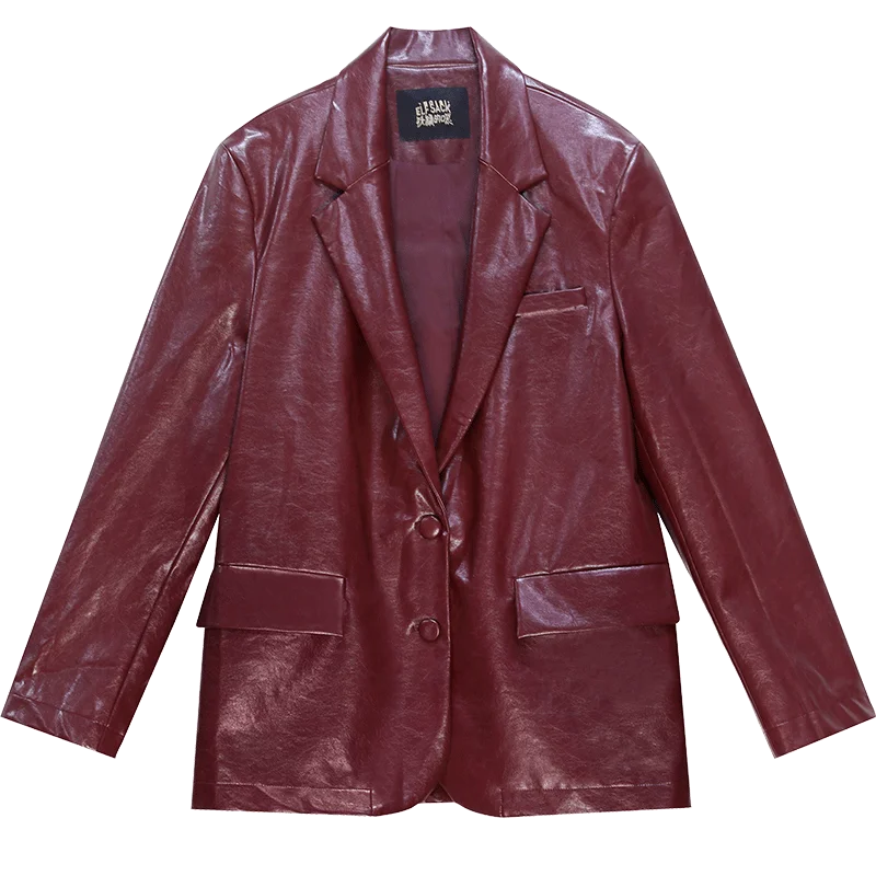 ELFSACK Women's Faux Leather Blazer Oversized Wine Red Long Sleeve Casual Office Wear Jacket Fashion Streetwear Coat