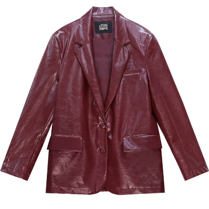 ELFSACK Women's Faux Leather Blazer Oversized Wine Red Long Sleeve Casual Office Wear Jacket Fashion Streetwear Coat