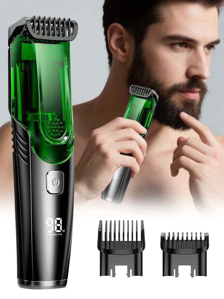 Cordless Men Beard Trimmer Electric Shaver IPX6 Waterproof Built-in Vacuum Clipper for Mustache Sideburns Grooming Kit