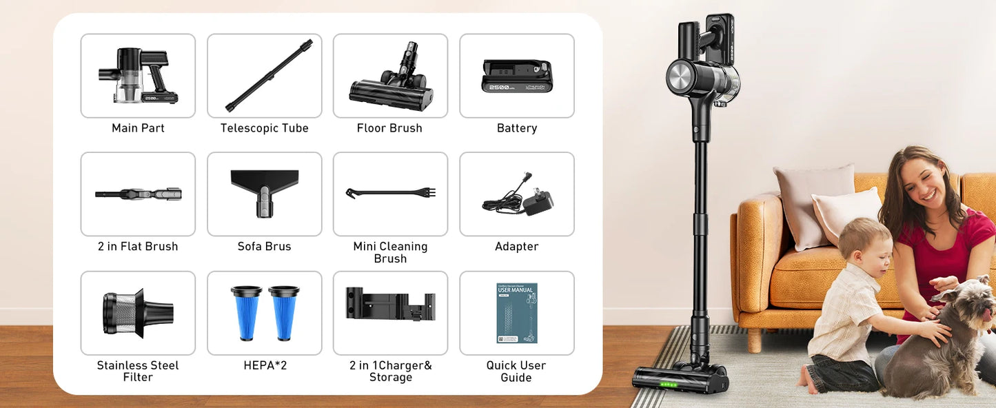 Cordless Vacuum Cleaner, 55Kpa/55min Self-Standing Powerful Stick Lightweight Vacuum Cleaner for Home Pet Hair/Hard Floor/Carpet