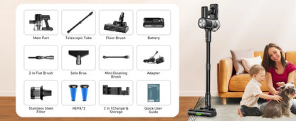 Cordless Vacuum Cleaner, 55Kpa/55min Self-Standing Powerful Stick Lightweight Vacuum Cleaner for Home Pet Hair/Hard Floor/Carpet