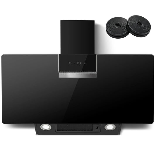 90 cm sieninis gartraukis 800 m³/h A+++ LED jutiklinis valdymas, juodas stiklas – recirkuliacijos/ištraukimo parinktis