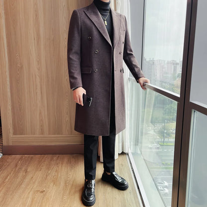 Autumn Winter Vintage Men's Woolen Long Coat Fashion Lapel High Quality Double Breasted Formal Men Slim Fit WindBreaker Overcoat