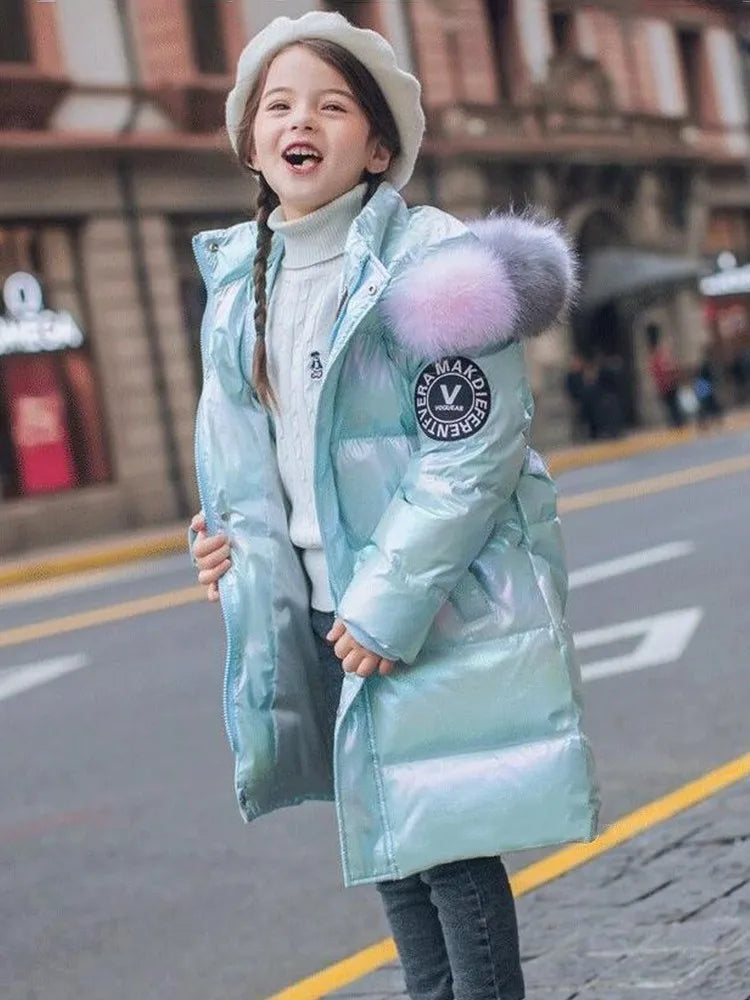 Winter Girls Shiny Hooded Down Jacket Fur Collar Windproof Coat Teenage Outerwear Kids Parka Snowsuit Clothing New 5-14 Years