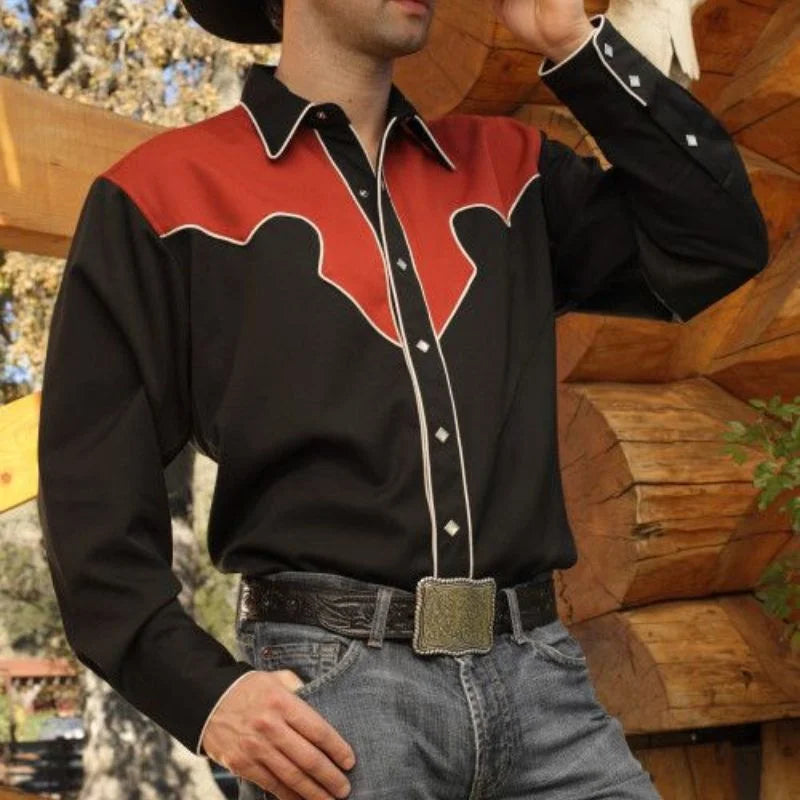 2024 Men's Long Sleeve Western Denim Shirt, Outdoor Casual Party, HD Pattern, Soft and Comfortable Button Lapel T-shir