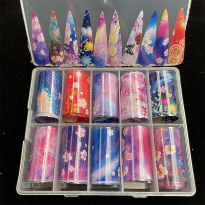 New Flower Nail Foils for Transfer Paper Stickers Floral Adhesive Fruit Nails Wraps Fish DIY Water Marble Nail Art Decorations