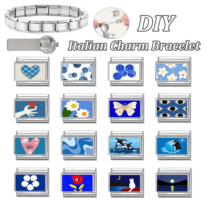 Fashion Blue NO.8 Ball Panda Elephant Cat Flower Italian Charms Fit 9mm Stainless Steel Women Fashion Bracelet DIY Jewelry Gifts
