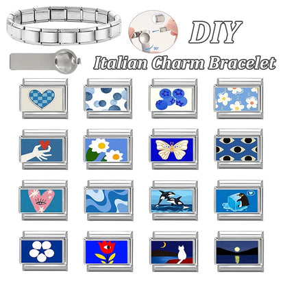 Fashion Blue NO.8 Ball Panda Elephant Cat Flower Italian Charms Fit 9mm Stainless Steel Women Fashion Bracelet DIY Jewelry Gifts