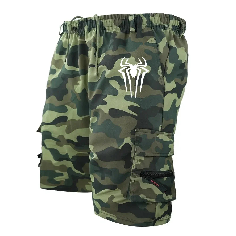 Men's Spider Print Cargo Shorts Male Outdoor Overalls Elastic Waist Cycling Shorts Multi-pockets Loose Work Beach Sports Shorts
