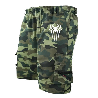 Men's Spider Print Cargo Shorts Male Outdoor Overalls Elastic Waist Cycling Shorts Multi-pockets Loose Work Beach Sports Shorts