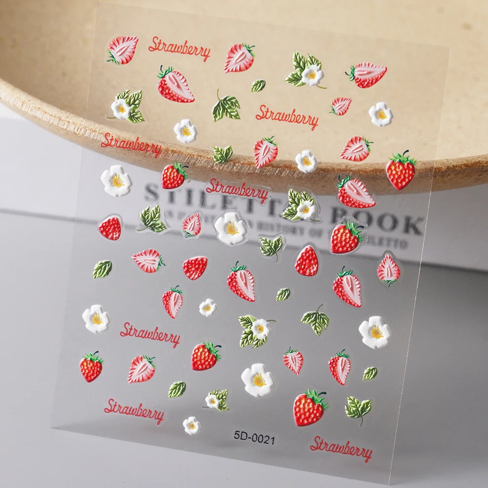 1PC 5D Macaron Flower/Fruit Nail Charms Sticker Embossed Bear/Rabbit/Letter Nails Slider Decals Summer Adhesive Manicure Decor&Y