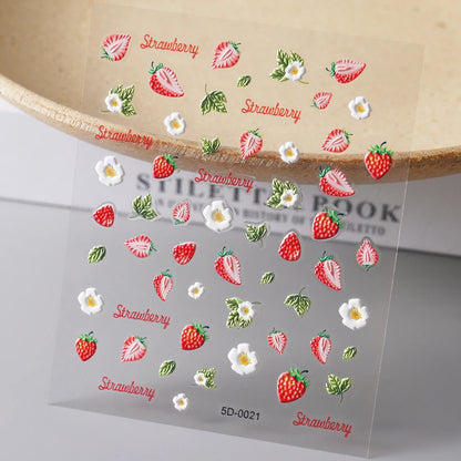 1PC 5D Macaron Flower/Fruit Nail Charms Sticker Embossed Bear/Rabbit/Letter Nails Slider Decals Summer Adhesive Manicure Decor&Y