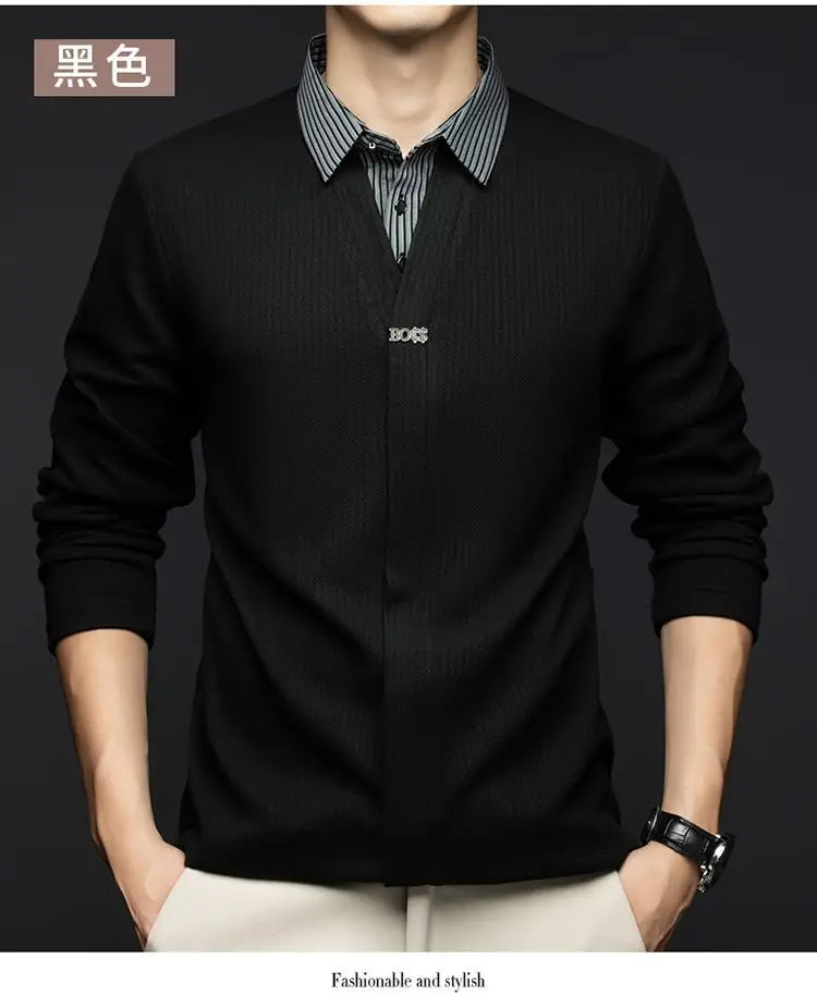 Autumn Winter Fake Two Sweaters Knitted Business Fashion Turn-down Collar Thermal Long Sleeve Men Patchwork All-match Pullover