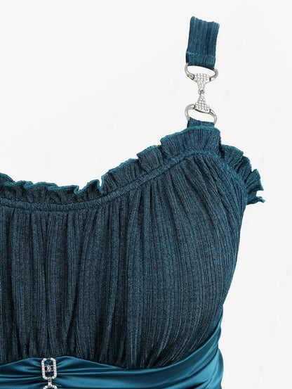 Plus Size Women's Tank Top, Solid Color Ruched Ruffles Chain Panel Silk Waist Ribbed Textured Buckle Vest