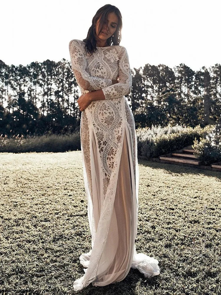 Foreign Style Evening Dress Woman's Sexy Lace Patchwork Backless Wedding Dresses Ladies Elegant Long Sleeves Party Prom Vestidos