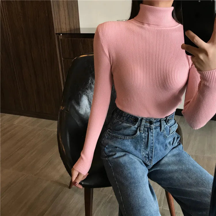 2026 Autumn Winter Sweater Women Knitted Ribbed Pullover Sweater Long Sleeve Turtleneck Slim Jumper Soft Warm Pull Femme