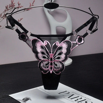 Butterfly Lace Thong for Women Low Waist G-String Transparent Mesh Panties Sexy Embroidered Briefs Adjustable Waist Culotte Femm
