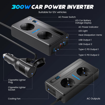 300W Vehicle Inverter, Converting 12V DC to 220V AC, Featuring Two Power Sockets and 2 USB Ports, 2 Type-C PD Ports