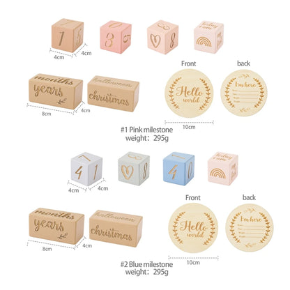 Baby Milestone Memorial Beech Wooden Blocks Quadrate Engraved Newborn Grow up Milestones Commemorate Block Photography Props