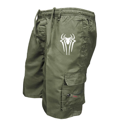 Men's Spider Print Cargo Shorts Male Outdoor Overalls Elastic Waist Cycling Shorts Multi-pockets Loose Work Beach Sports Shorts