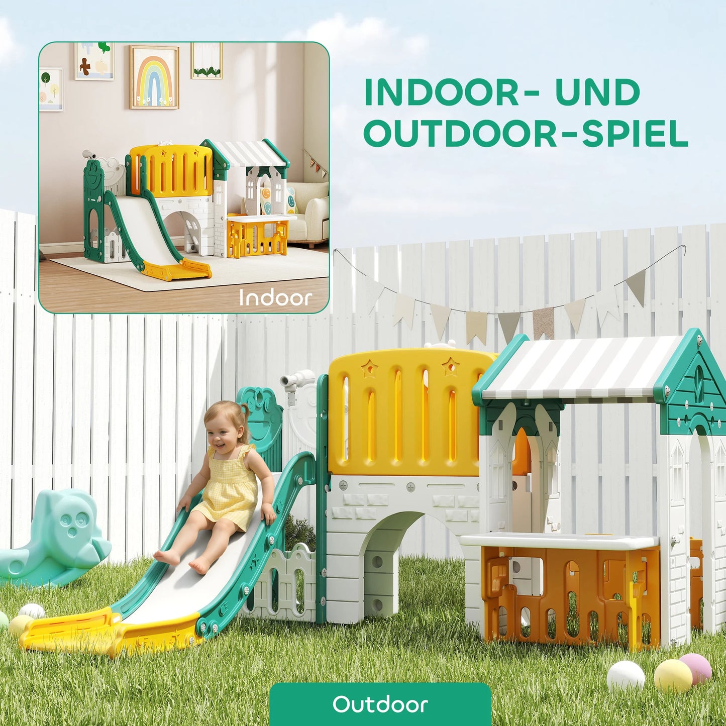 7-in-1 children's slide, indoor playground, climbing frame, house, basketball hoop, plastic, yellow + green, toy slide, outdoor slide, outdoor toy slide, slide