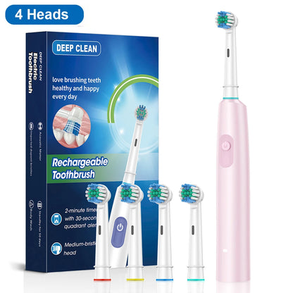 Electric Rotating Toothbrush Deep Clean Whitening Teeth for Adult Ultrasonic Toothbrush with 4/8pcs Refill Replacement Heads