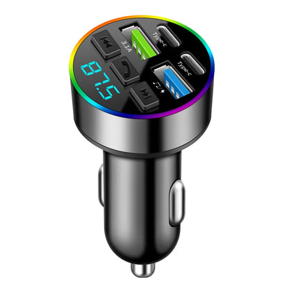 KEBIDUMEI 66W Fast Charge Bluetooth 5.0 FM Transmitter 4 Ports (Dual USB+Type-C) RGB Ambient Light Handsfree Car MP3 Player