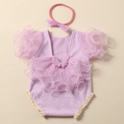 Ylsteed 2 Pieces Set Beige Newborn Photography Costume Lace Romper Bow Headband Set Baby Girl Photo Shooting Outfits
