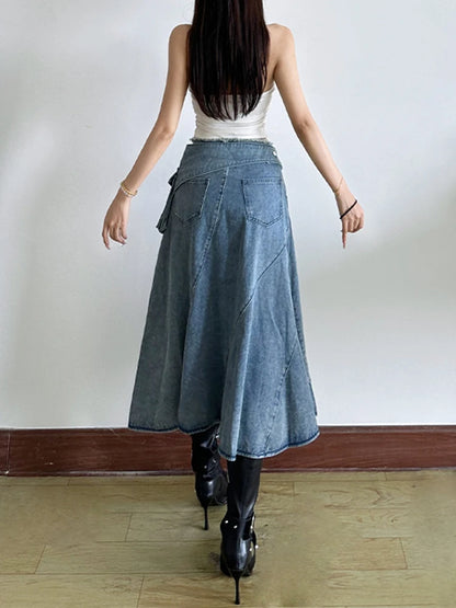 [EAM] High Waist Blue Denim Irregular Hem Slit Midi A-line Half-body Skirt Women Fashion Tide New Spring Autumn 2026 1DJ6538