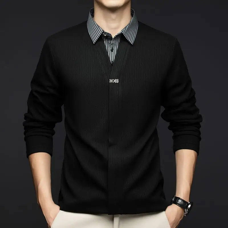 Autumn Winter Fake Two Sweaters Knitted Business Fashion Turn-down Collar Thermal Long Sleeve Men Patchwork All-match Pullover