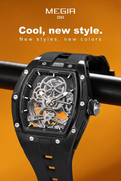 MEGIR Tonneau Skeleton Mechanical Watch Men Sport Wristwatch Silicone Strap Luxury Hollow Dial Male Automatic Mechanical Watches