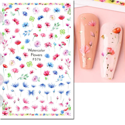 3d Nail Art Decals Watercolor Florals Purple Green Pink Flowers Leafs Fruit Adhesive Sliders Nail Stickers For Manicure