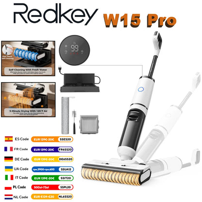 Redkey W15 Pro 3-in-1 Cordless Wet Dry Vacuum Cleaner Self-Cleaning 55°C Drying 180° Lay-Flat Dual-Sided Edge Cleaning 22kPa