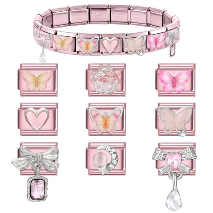 2025 New Women Romantic Pink Cherry Heart Shiny CZ Italian Charm Links Fit 9mm Bracelet Stainless Steel DIY Making Jewelry Gifts