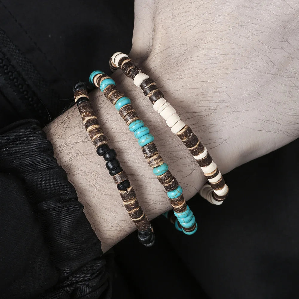 Coconut Wood Beaded Bracelet Eiastic Turquoise Stone Bead Bracelets for Men and Women Handmade Stacking Wooden Stretch Bracelets