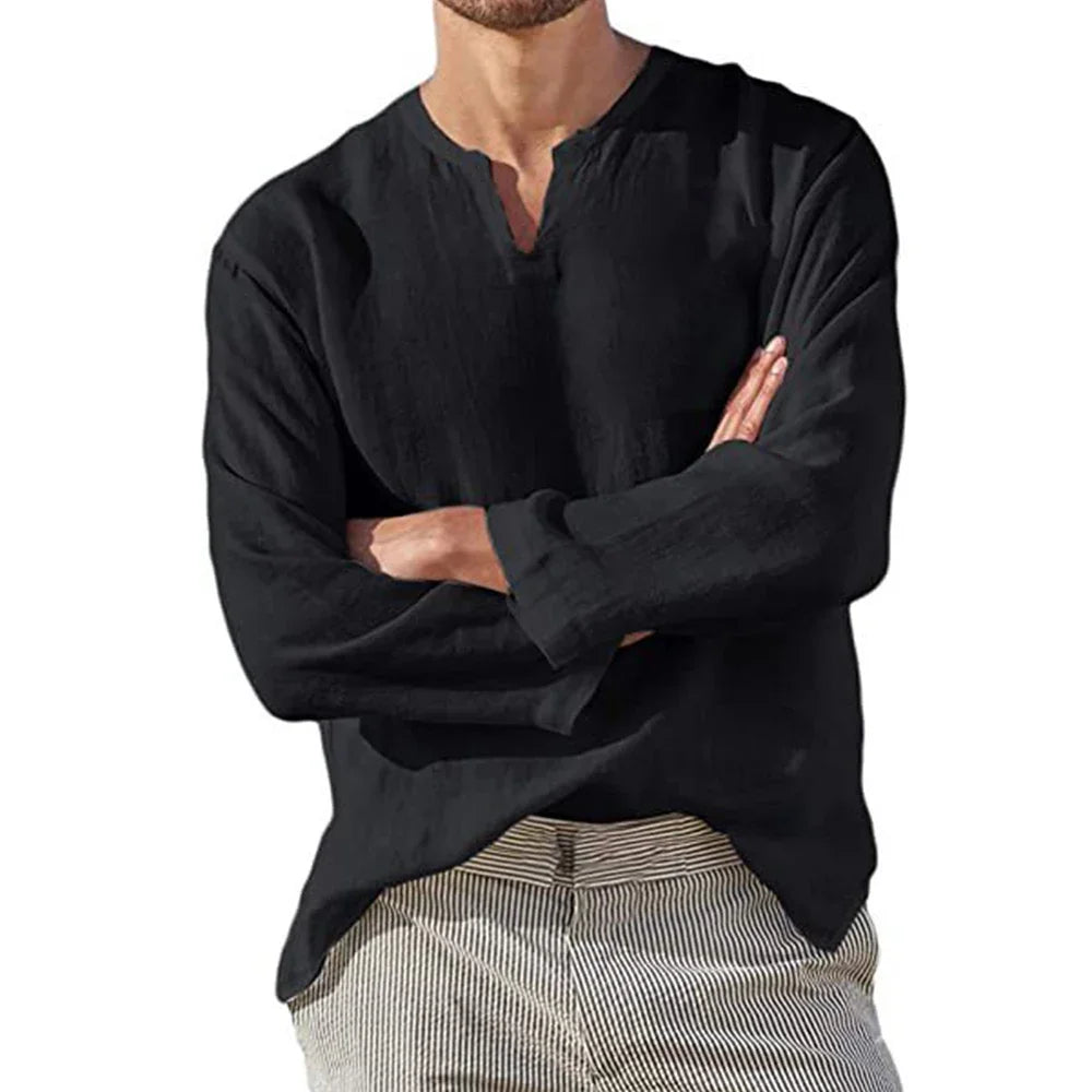 Men's Cotton Linen Shirt Cozy Solid Color Long Sleeve Breathable Tops V Neck Casual Blouse Hawaiian Shirt Lightweight Shirts