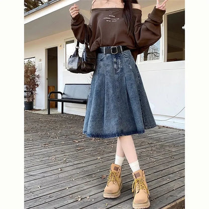 Summer Trendy Designer Lady High Waist Jeans Pleated Skirt Women Fashion Vintage Denim Skirts Girls Korean Casual Midi Skirts
