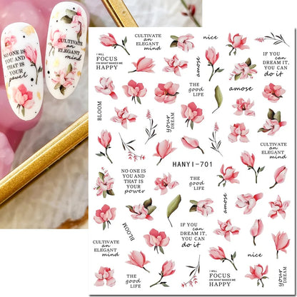 3d Nails Art Decals Spring Fruits Pink Full Tips Peony Magnolia Flowers Adhesive Sliders Stickers Decoration For Nails Manicure