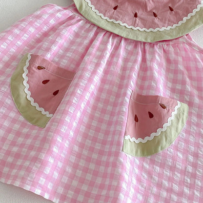 2026 Summer Childrens Clothes Watermelon Collar Baby Bodysuit with Patch Pockets Pink-white Check Girls Dress