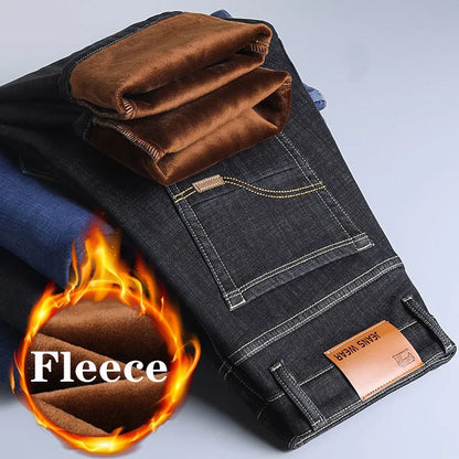 Brand Autumn Winter Warm Flocking Denim Soft Man Activities Fleece Line Men Jeans Black Blue Grey Colors