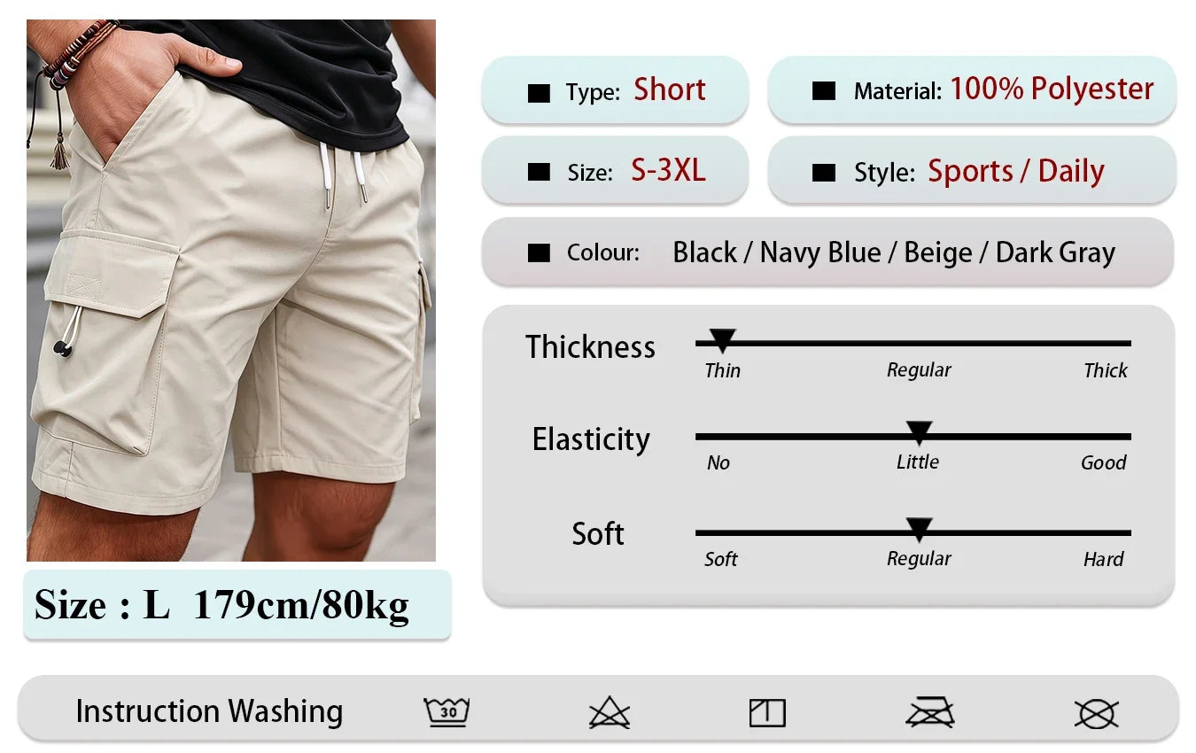 Men's Summer Cargo Shorts Multi-Pocket Drawstring Pants Casual Loose Fit Knee-Length Shorts for Outdoor & Streetwear