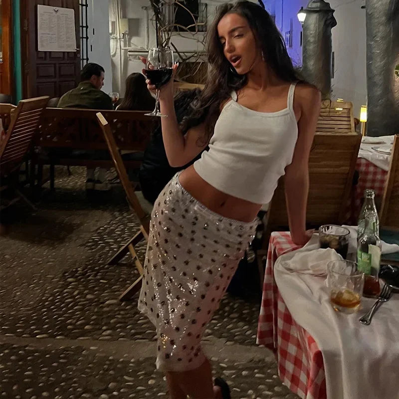 High Waist Glitter Skirt Fashion Sequins Vintage Polka Dot Printed Skirts Summer Party Y2k Sexy Hot Girls Womens Skirt