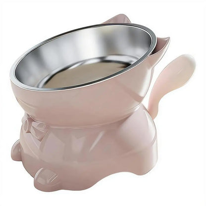 Elevated Stainless Steel Cat Bowl, Inclined Food & Water Dish with Cute Ear Stand, Neck Protection Design for Cats